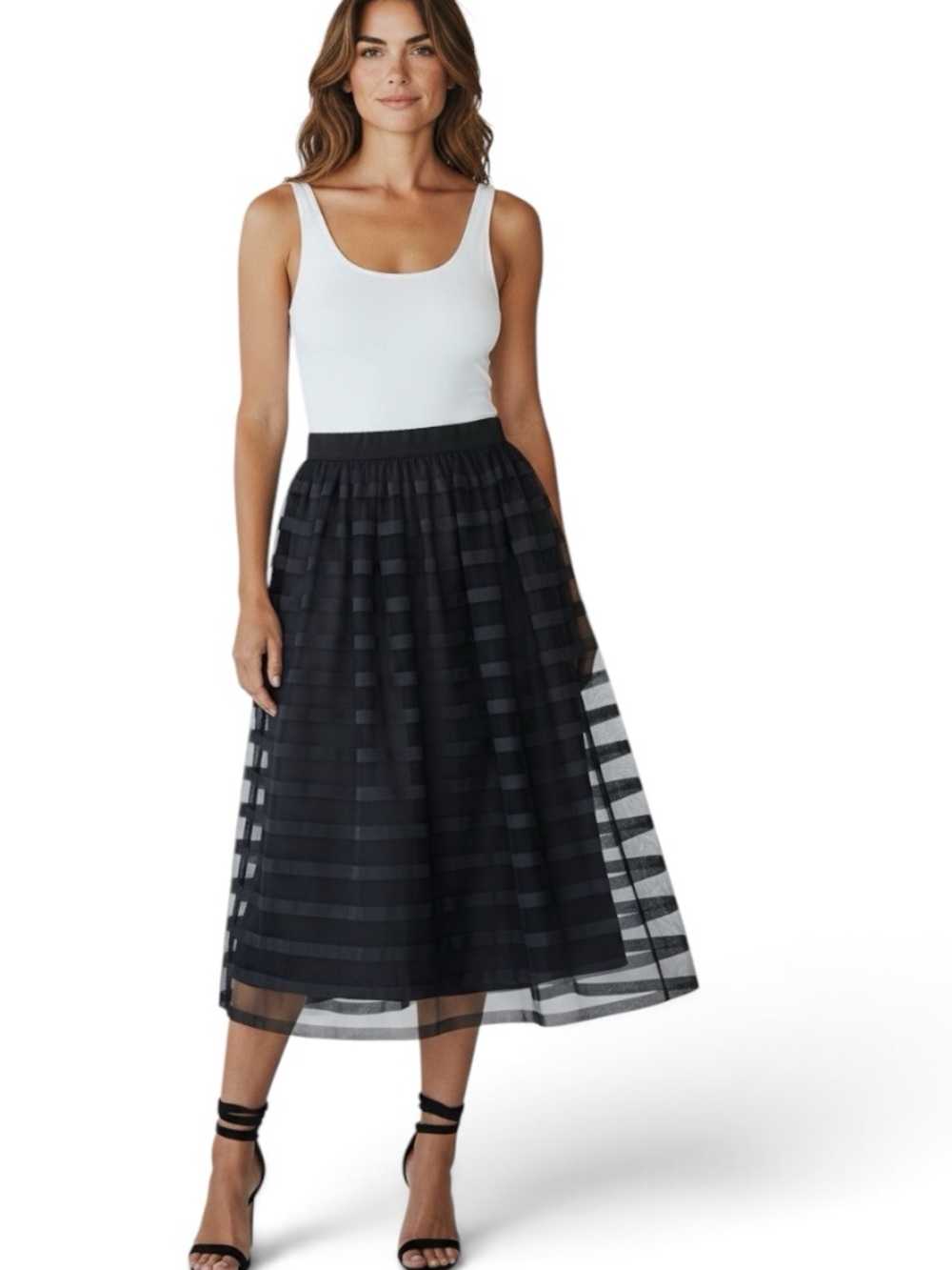 Metrowear Black Striped Horizontal Stripe Sheer Overlay Skirt Large
